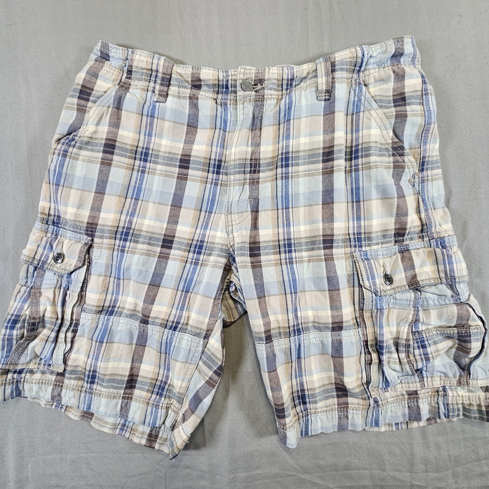 Levis Mens 36 Blue Brown Plaid Cargo Shorts Casual Flat Front Comfort
